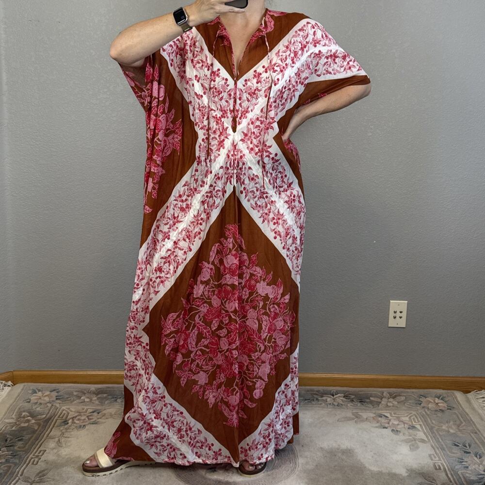 Star of Siam Vintage 60s Cotton Floral Maxi Dress Caftan Size OS Adjustable Fit